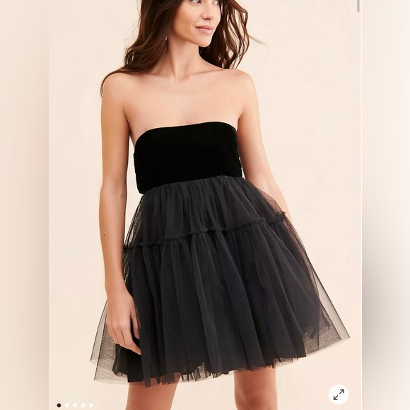 Free People Black Velvet Tulle Strapless Mini Dress Corset Bodice S Boho Indie - Picture 1 of 7